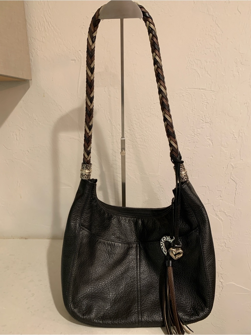 Brighton Black Leather Shoulder Bag Braided Strap Zip Tassel Heart Charms Pocket